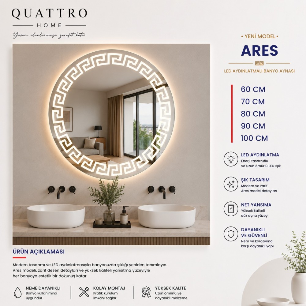 res LED Aydınlatmalı Banyo Aynası | Yuvarlak Desenli Modern Ayna