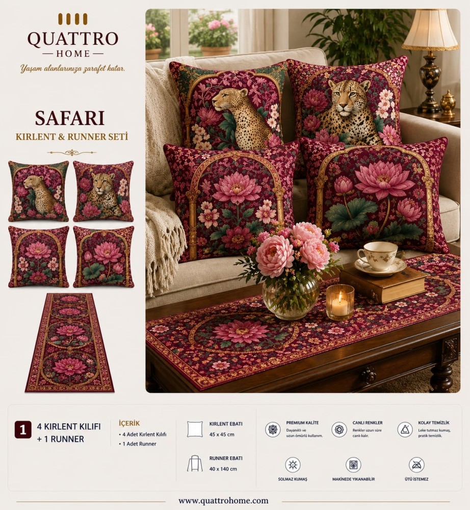 Quattro Home Safari 4 Kırlent Kılıfı + 1 Runner Seti