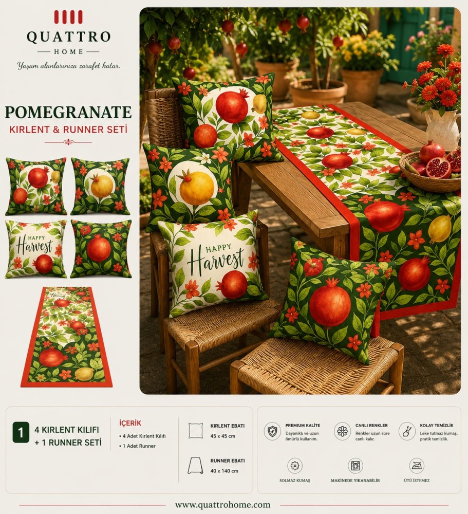 Quattro Home Pomegranate 4 Kırlent Kılıfı + 1 Runner Seti