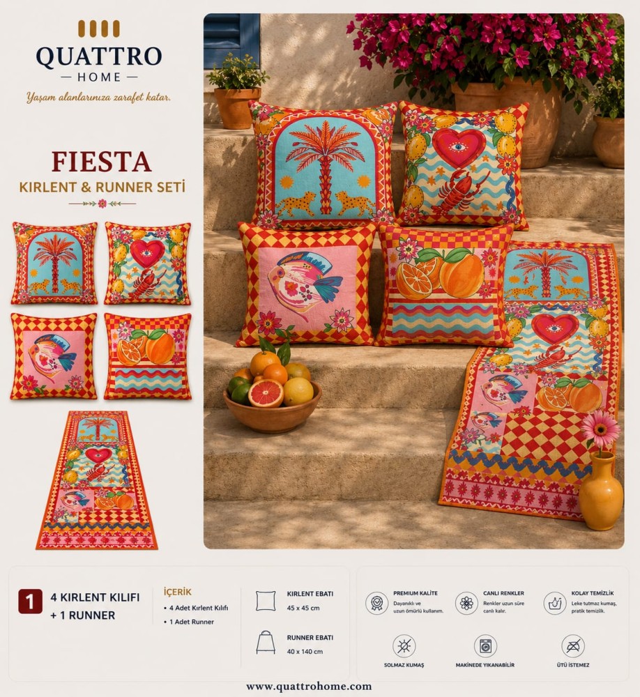 Quattro Home Fiesta 4 Kırlent Kılıfı + 1 Runner Seti