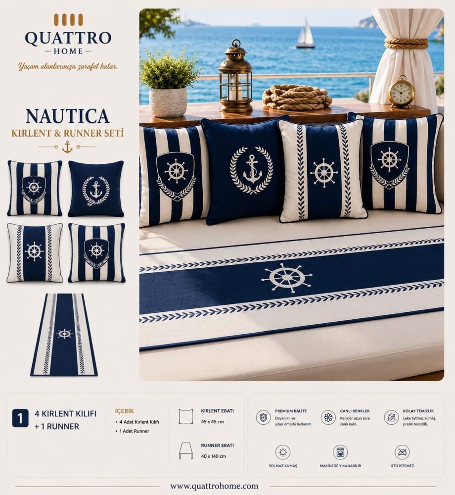 Quattro Home Nautica 4 Kırlent Kılıfı + 1 Runner Seti
