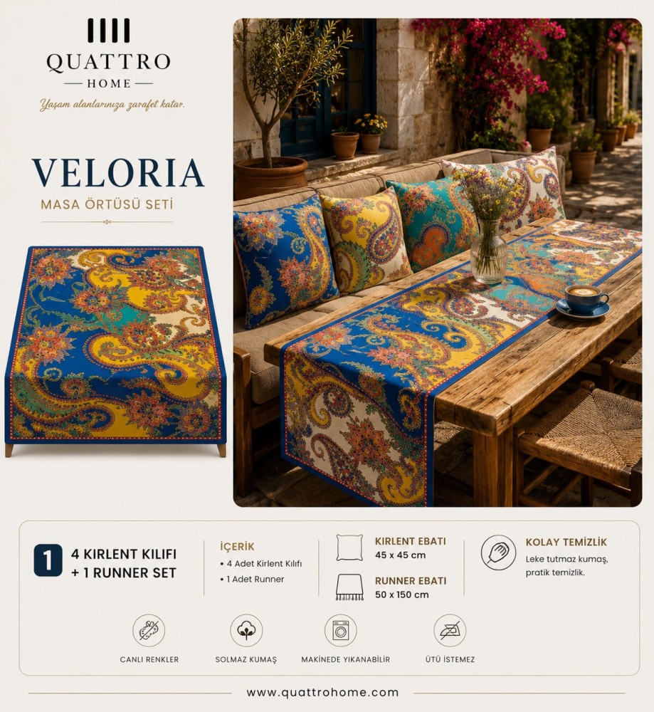 Quattro Home Veloria Masa Örtüsü Seti | 4 Kırlent Kılıfı + 1 Runner