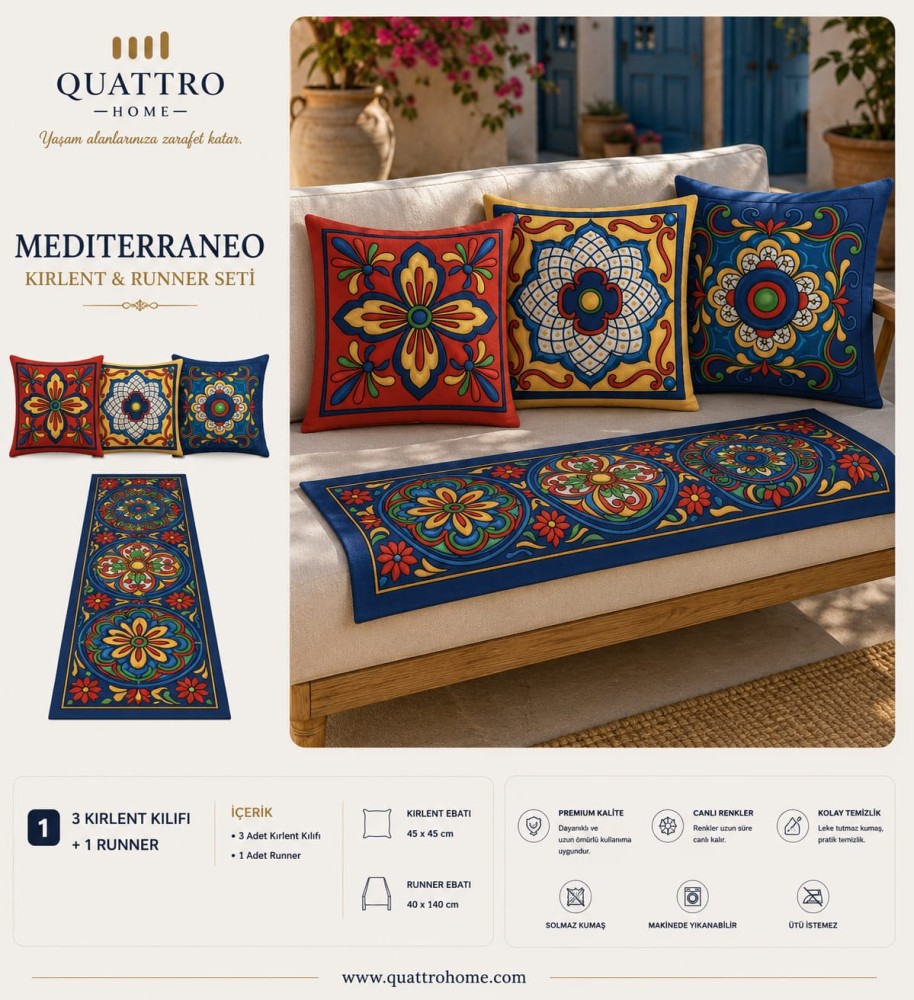Quattro Home Mediterraneo 3 Kırlent Kılıfı + 1 Runner Seti