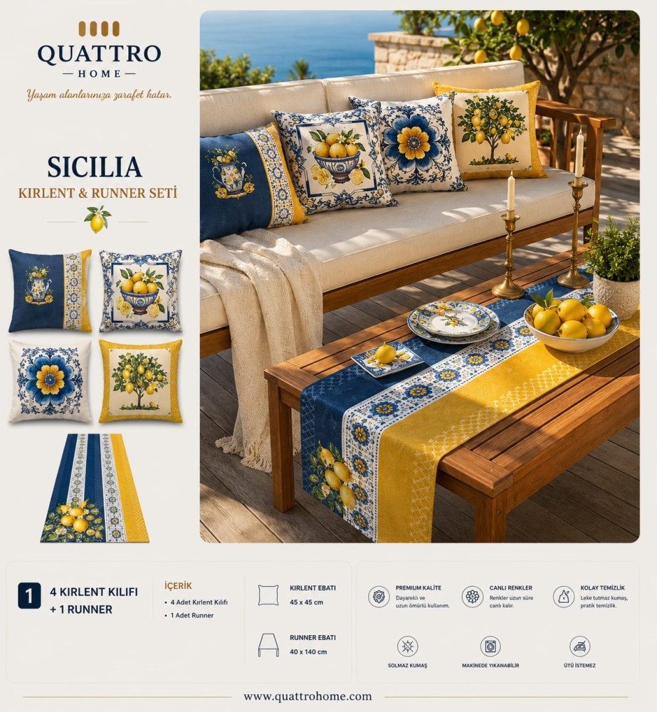 Quattro Home Sicilia 4 Kırlent Kılıfı + 1 Runner Seti