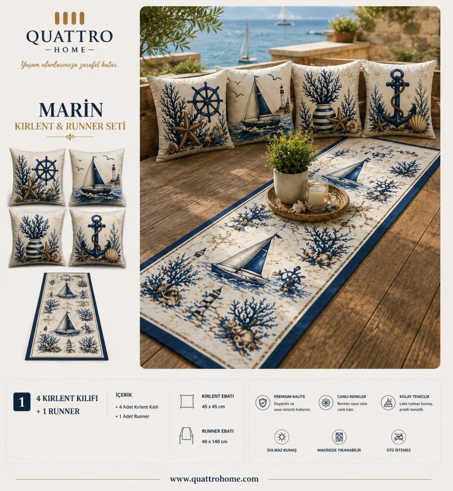 Quattro Home Marin 4 Kırlent Kılıfı + 1 Runner Seti
