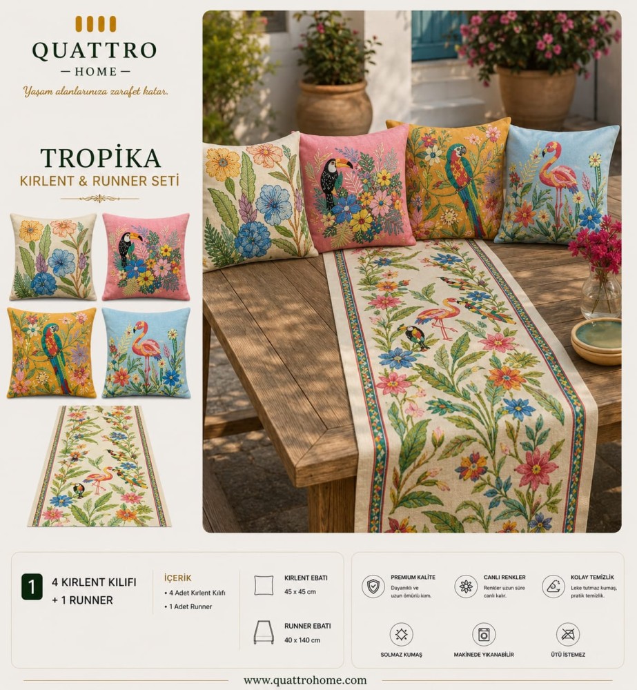 Quattro Home Tropika 4 Kırlent Kılıfı + 1 Runner Seti