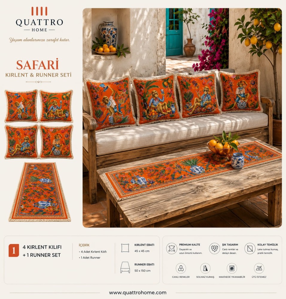 Quattro Home Safari 4 Kırlent Kılıfı + 1 Runner Seti
