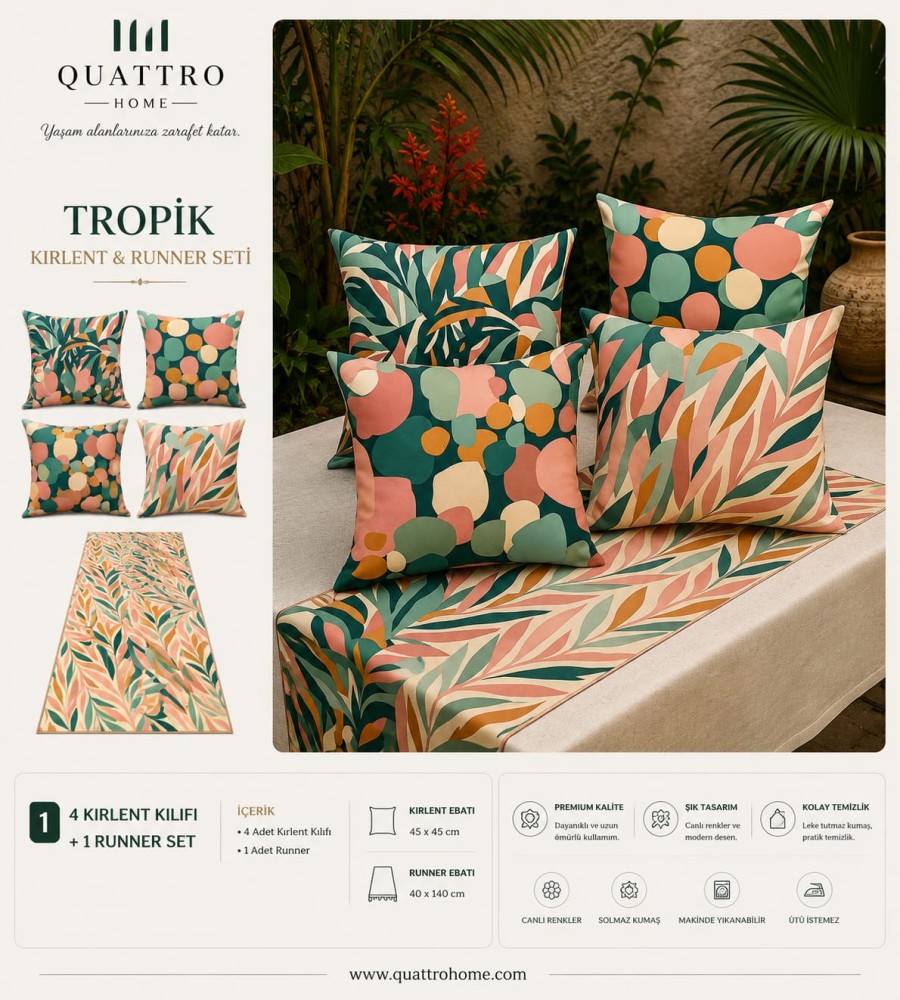 Quattro Home Tropik 4 Kırlent Kılıfı + 1 Runner Seti