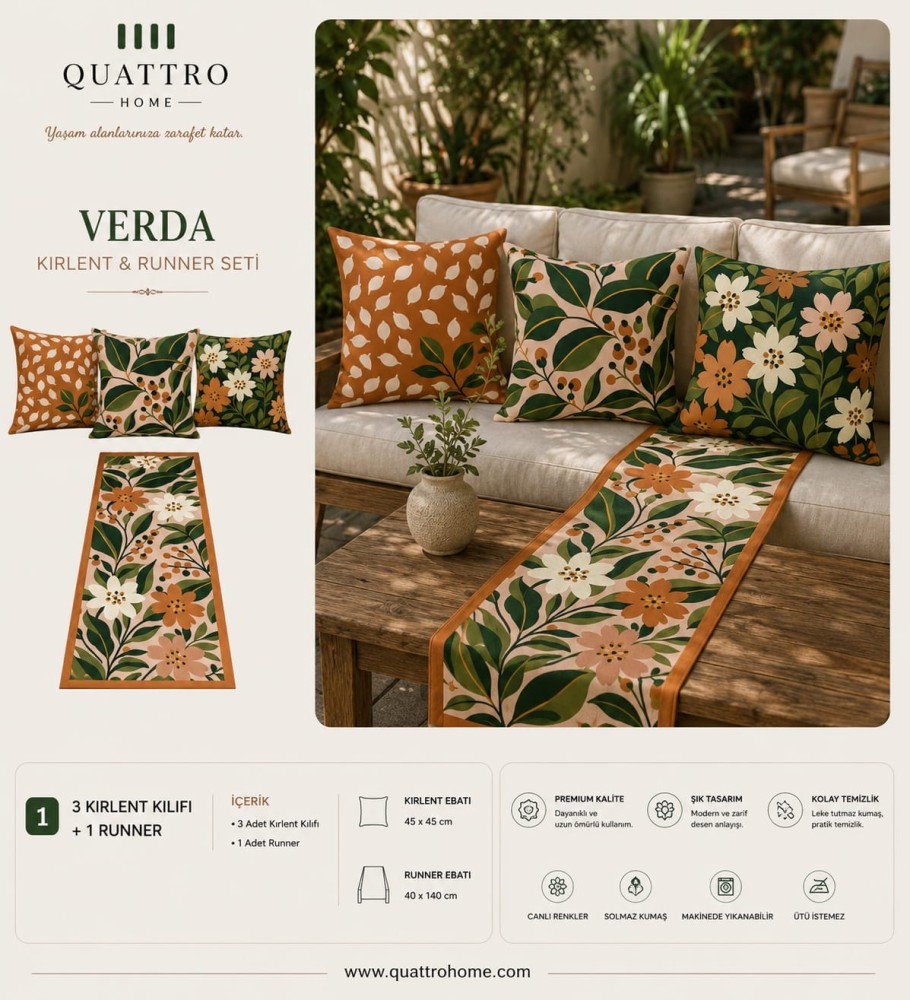 Quattro Home Verda 3 Kırlent Kılıfı + 1 Runner Seti
