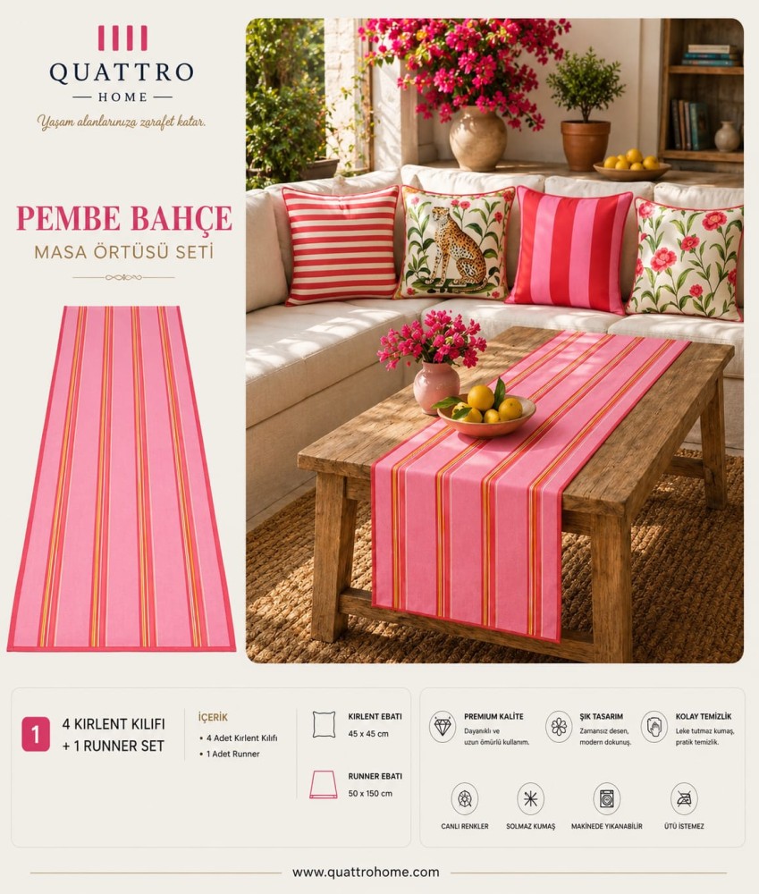 Quattro Home Pembe Bahçe Masa Örtüsü Seti