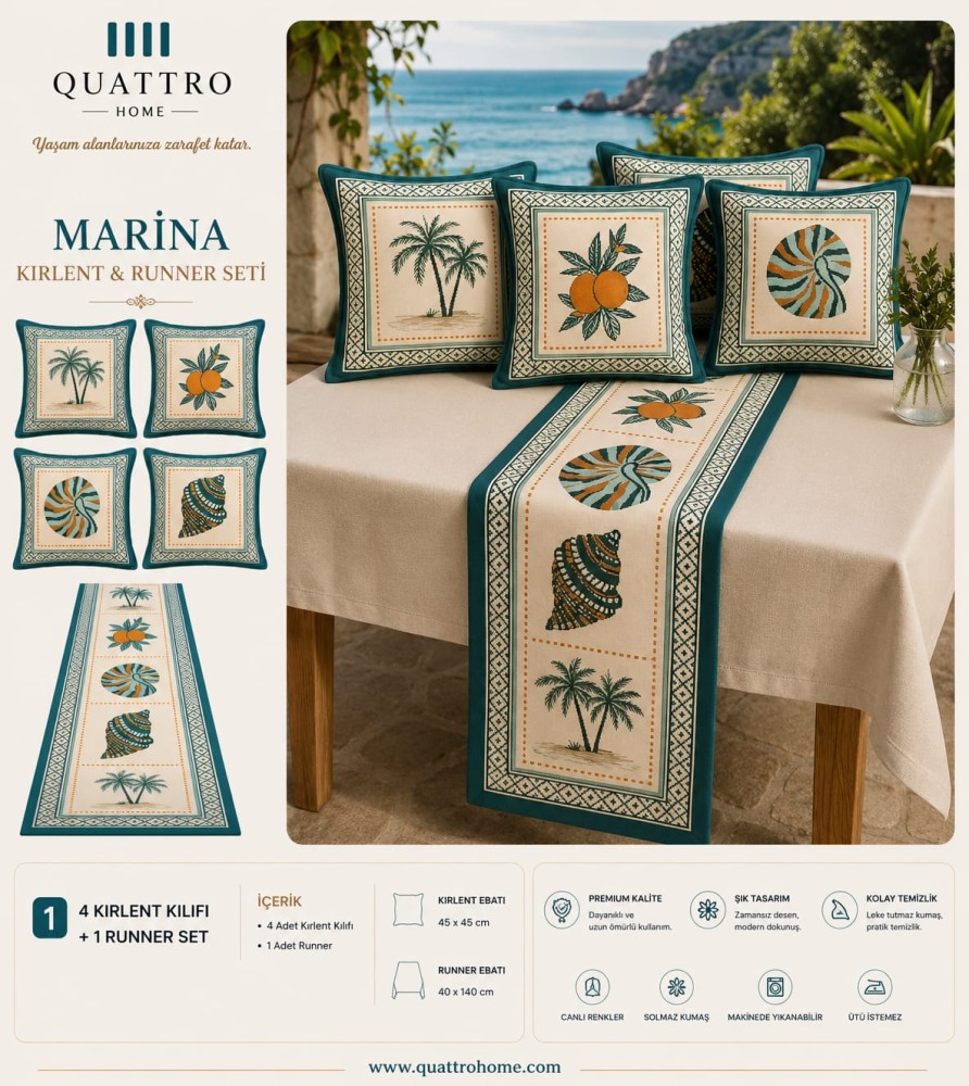 Quattro Home Marina 4 Kırlent Kılıfı + 1 Runner Seti