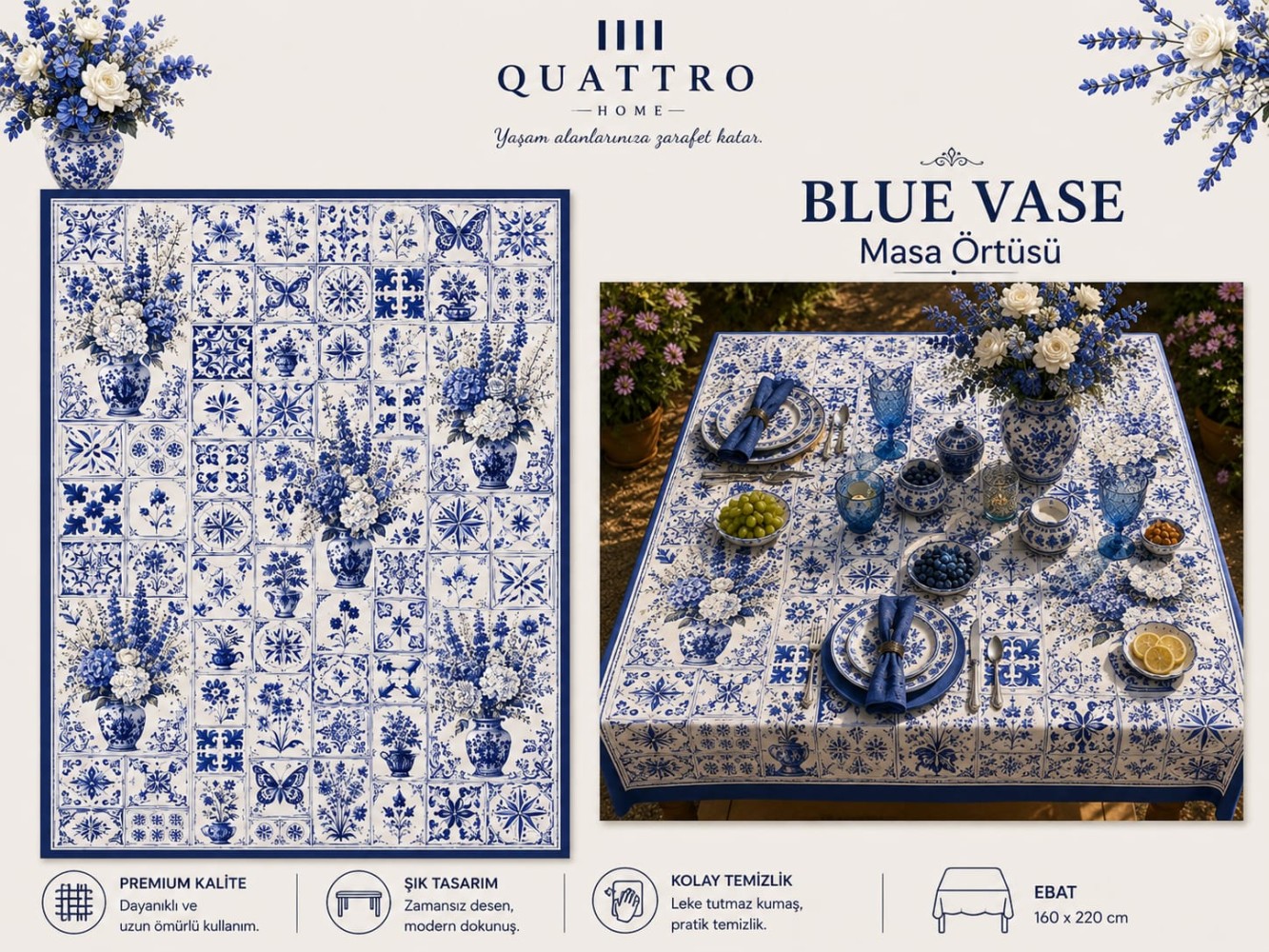 Quattro Home Blue Vase Masa Örtüsü