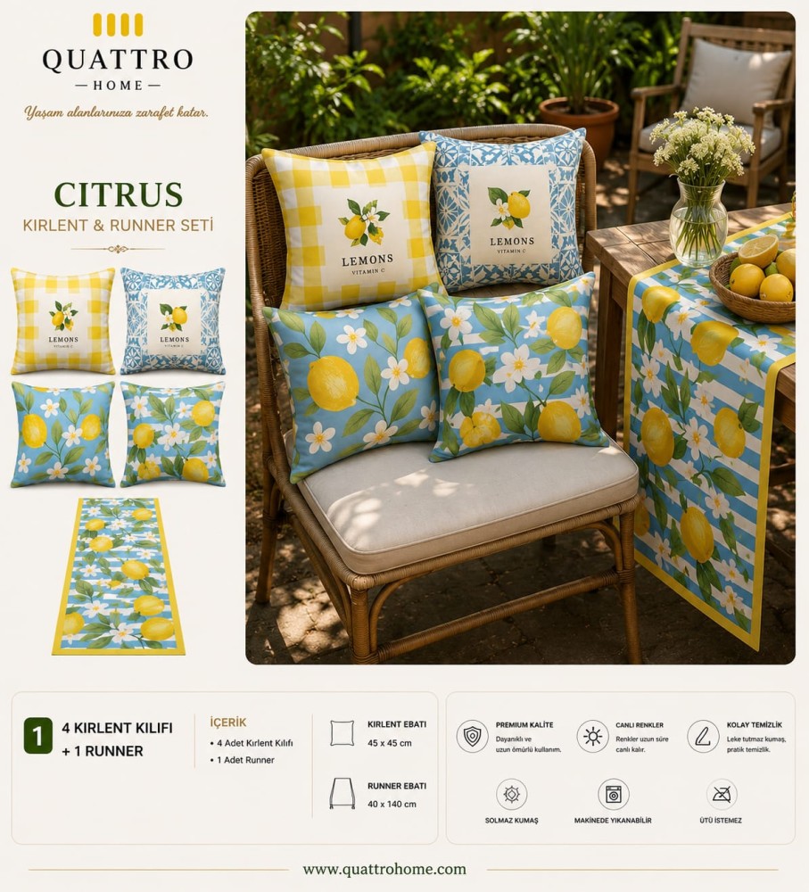 Quattro Home Citrus 4 Kırlent Kılıfı + 1 Runner Seti