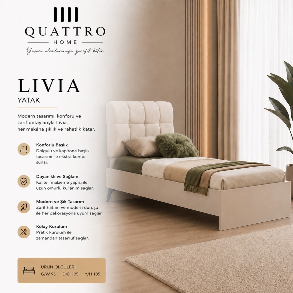 Quattro Home Livia Yatak 95x195x105 cm Modern Başlıklı Tek Kişilik Yatak