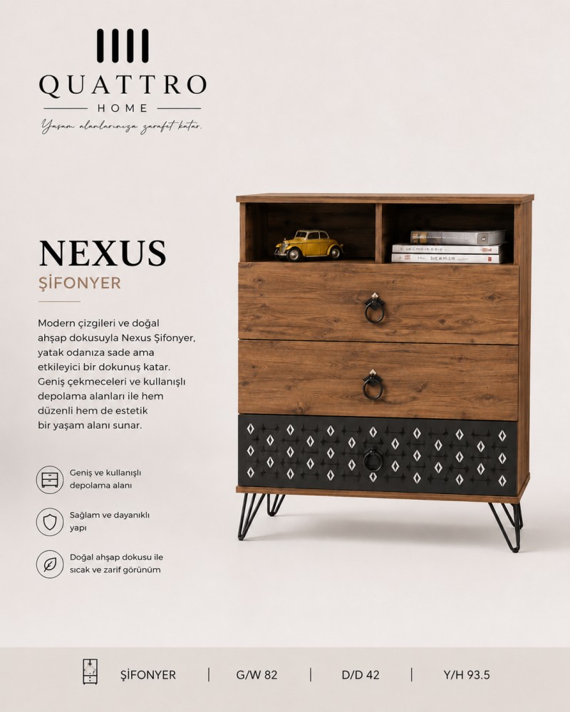Quattro Home Nexus Şifonyer  Ahşap Görünümlü Modern Çekmeceli Şifonyer