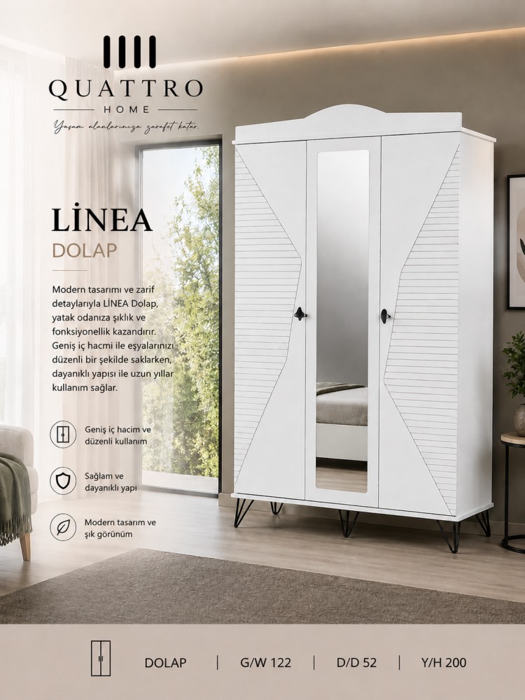 Quattro Home Linea Dolap Aynalı Beyaz Modern Gardırop