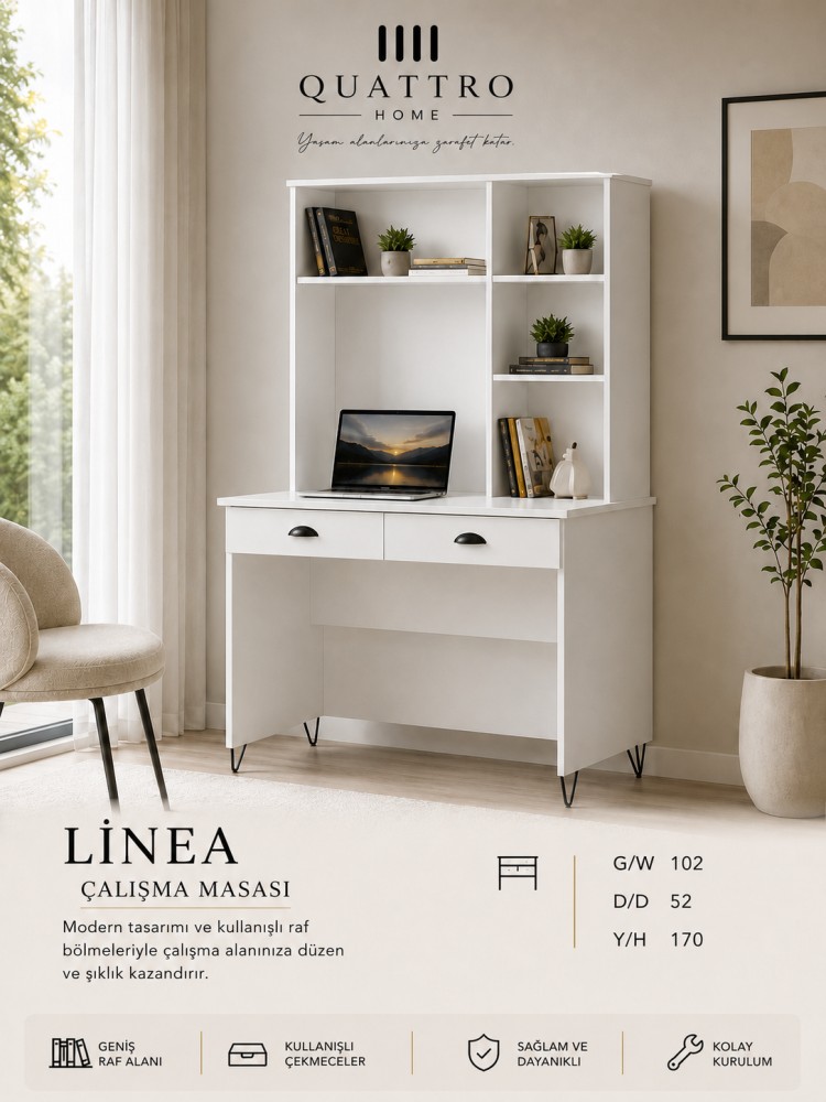 Quattro Home Linea Çalışma Masası Raflı ve Çekmeceli Beyaz Çalışma Masası