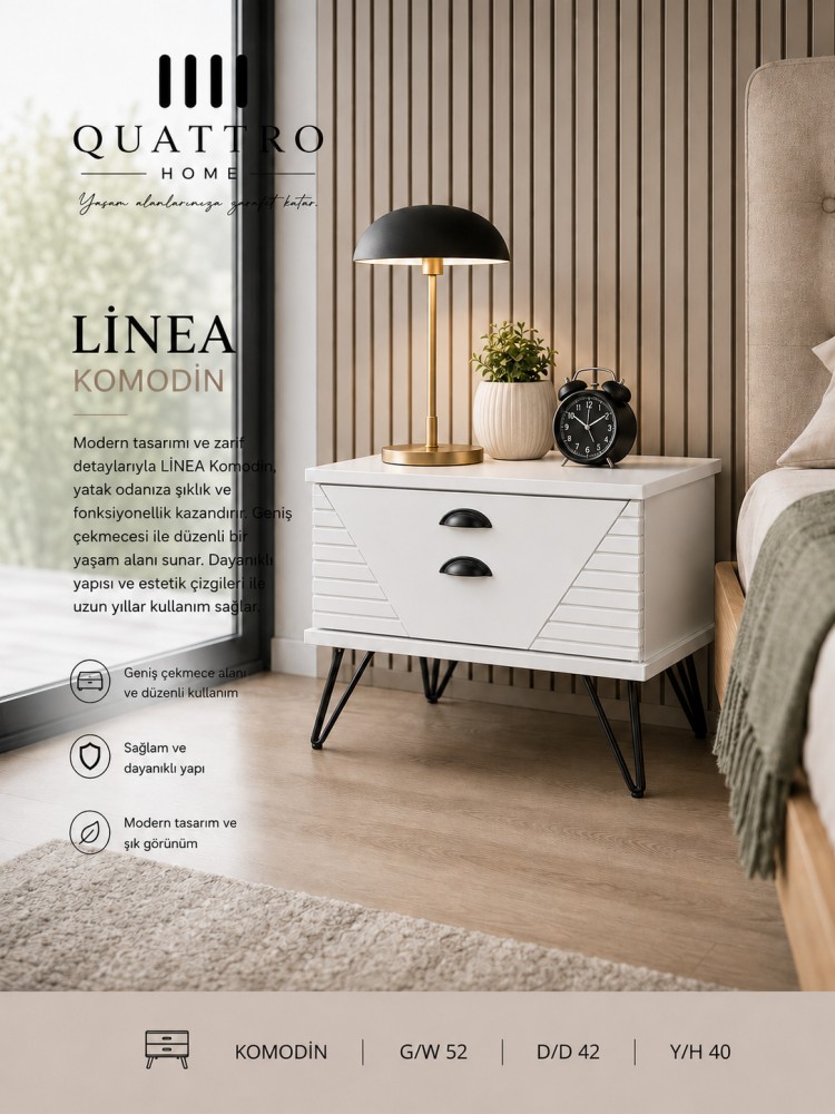 Quattro Home Linea Komodin Beyaz Modern Çekmeceli Yatak Odası Komodini