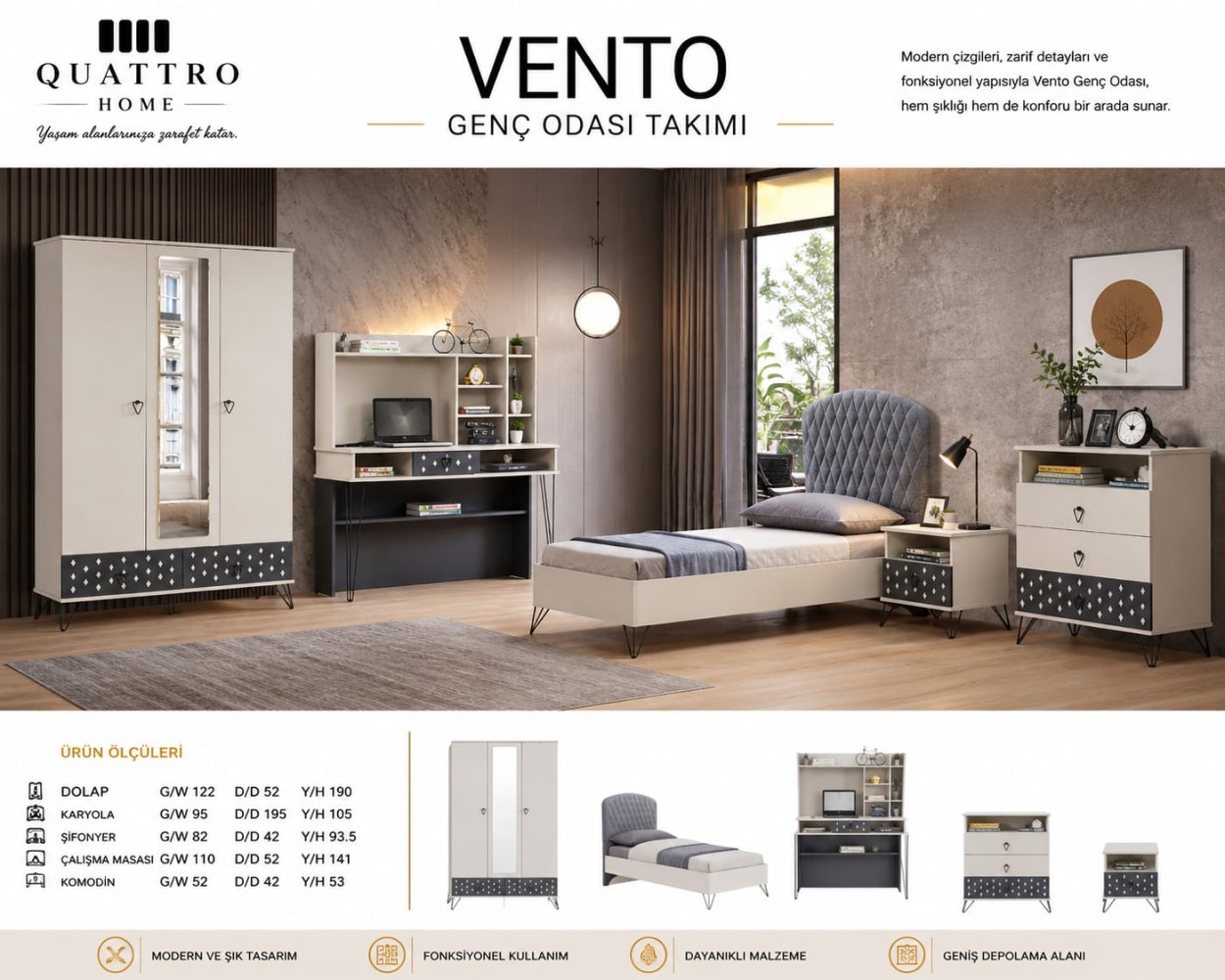 Quattro Home Vento 5 Parça Genç Odası Takımı – Aynalı Dolap, Karyola, Çalışma Masası, Şifonyer ve Komodin