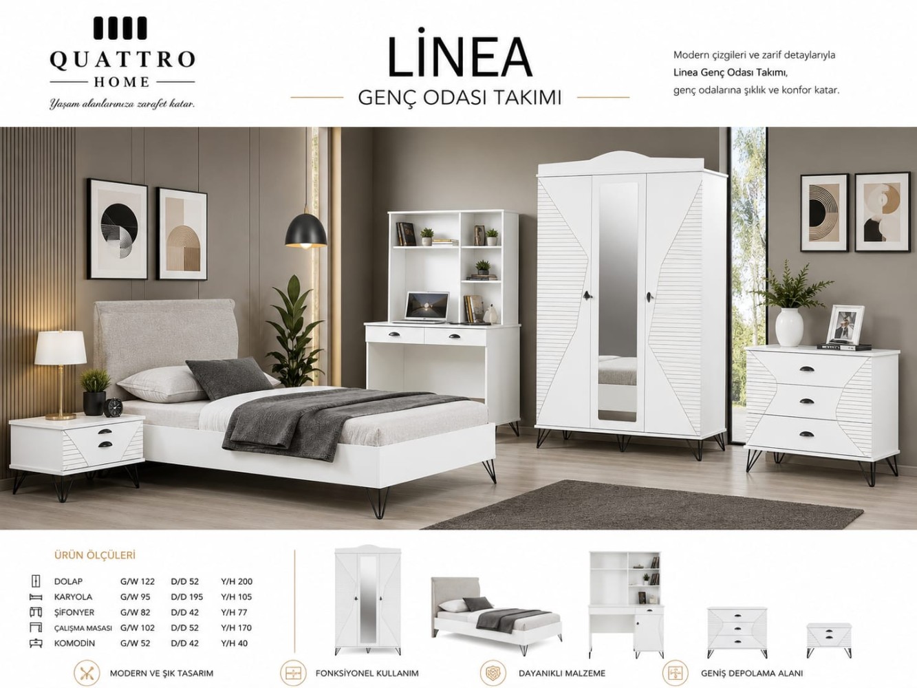 Quattro Home Linea Genç Odası Takımı | Modern Beyaz Genç Odası Mobilyası