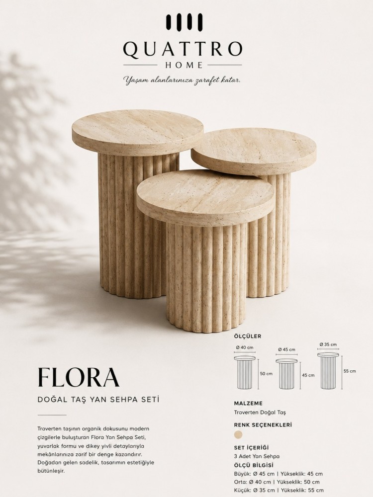 Quattro Home Flora Traverten Doğal Taş 3’lü Yuvarlak Yan Sehpa Seti