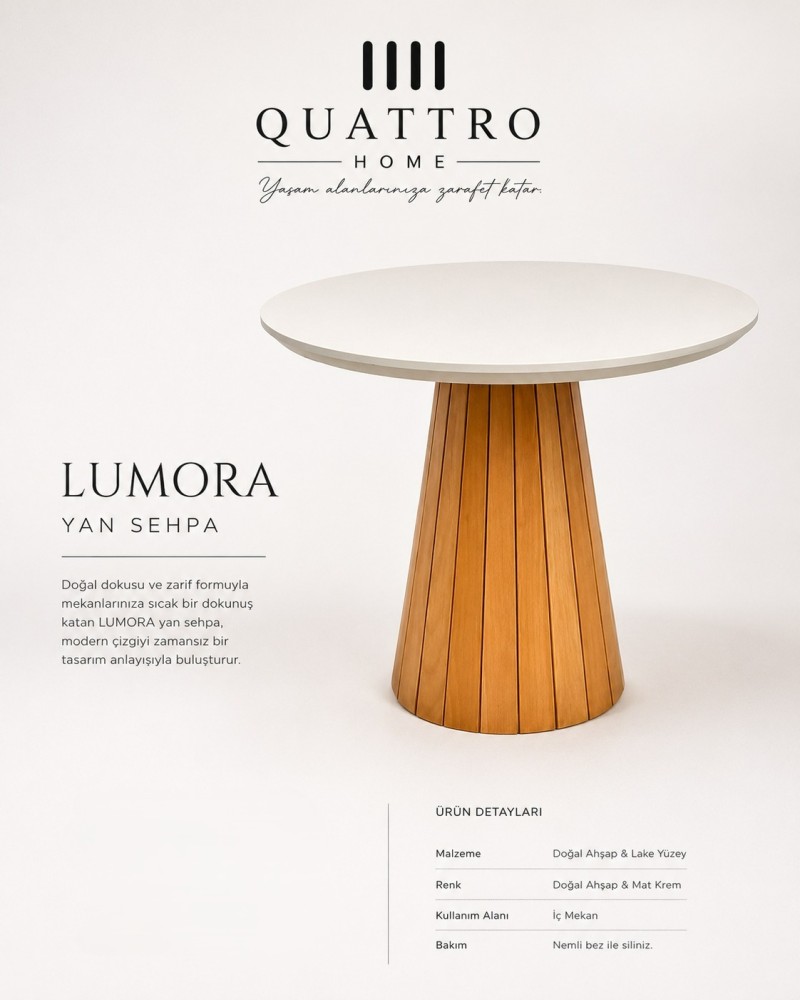 Quattro Home Lumora Mat Krem Lake Yuvarlak Yan Sehpa – Doğal Ahşap Yivli Ayaklı