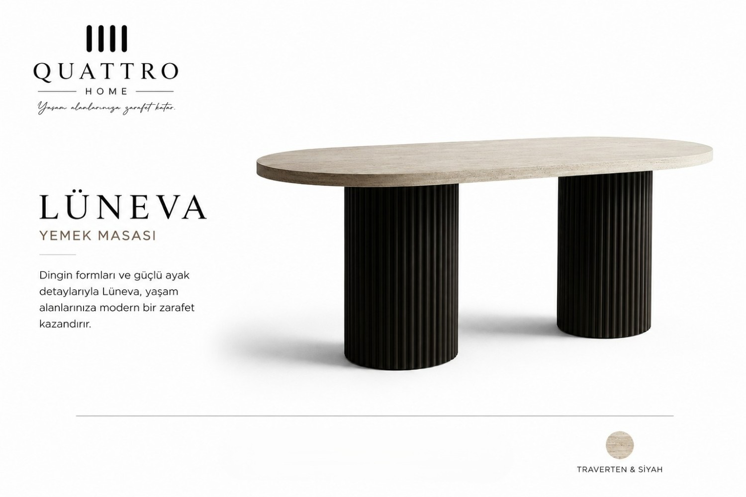 Quattro Home Lüneva Traverten Görünümlü Oval Yemek Masası – Siyah Yivli Çift Ayaklı