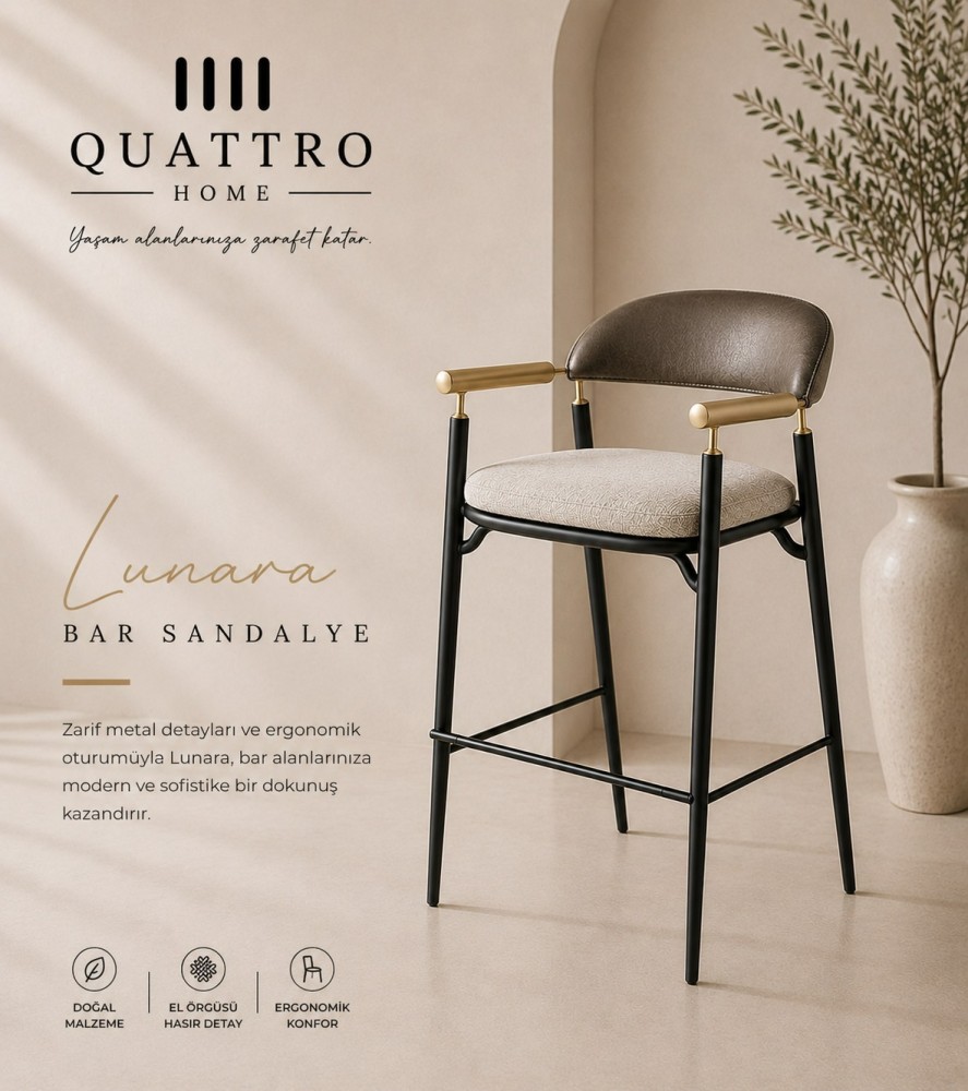 Quattro Home Lunara Metal Gövdeli Ergonomik Bar Sandalyesi – Siyah, Gold ve Krem