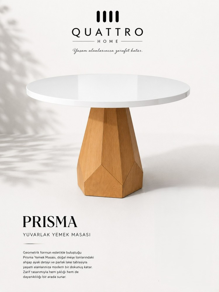 Quattro Home Prisma Parlak Beyaz Lake Yuvarlak Yemek Masası – Geometrik Ahşap Ayaklı