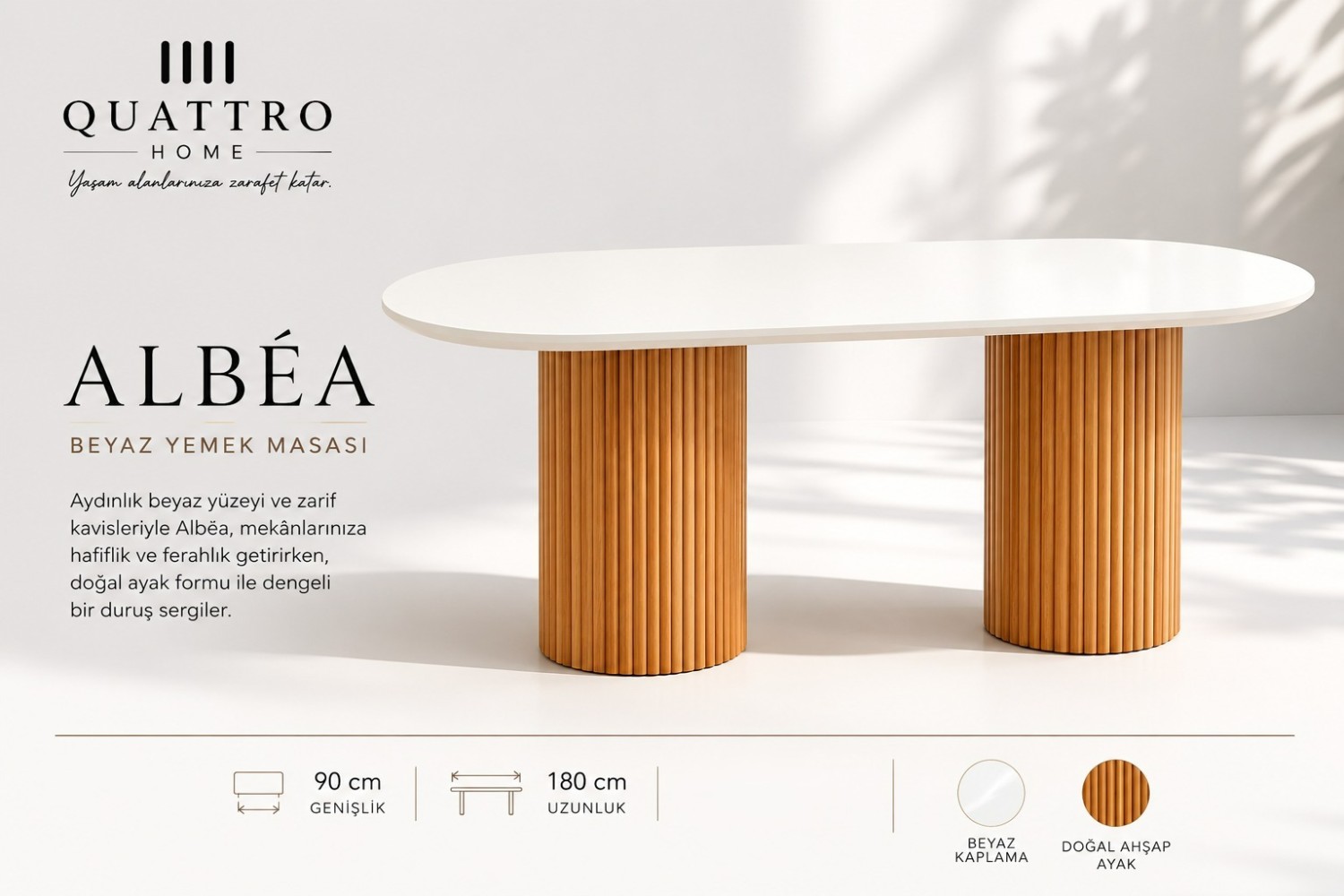 Quattro Home Albéa Beyaz Oval Yemek Masası – Doğal Ahşap Yivli Çift Ayaklı