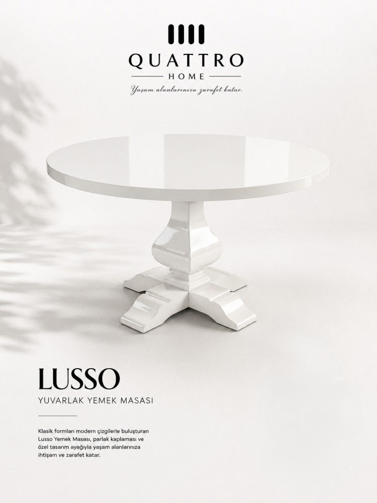 Quattro Home Lusso Parlak Beyaz Lake Yuvarlak Yemek Masası – Klasik Merkezi Ayaklı