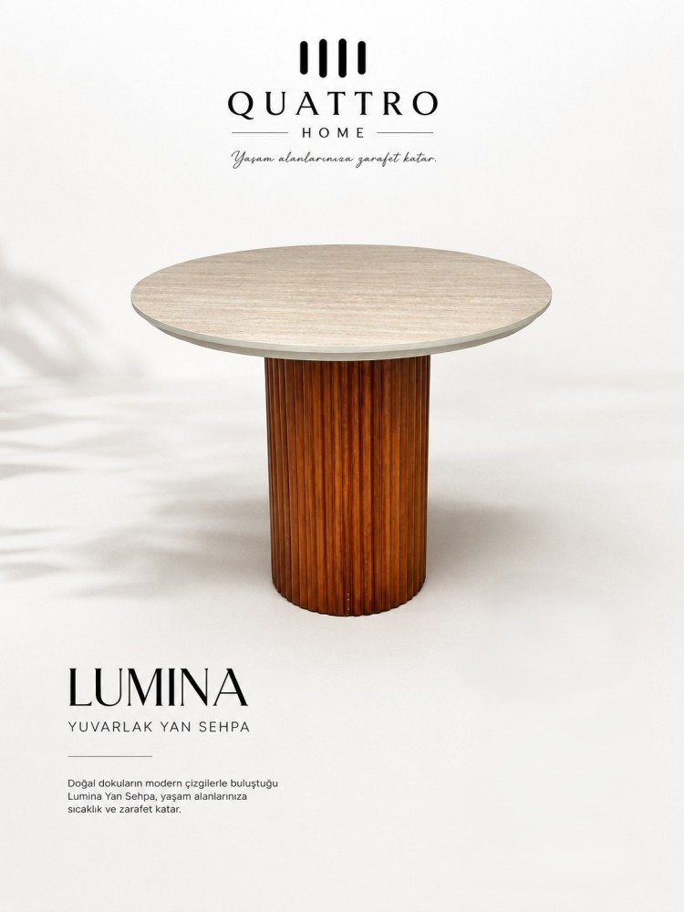 Quattro Home Lumina Yuvarlak Yan Sehpa – Traverten Görünümlü Tabla ve Yivli Ahşap Ayak