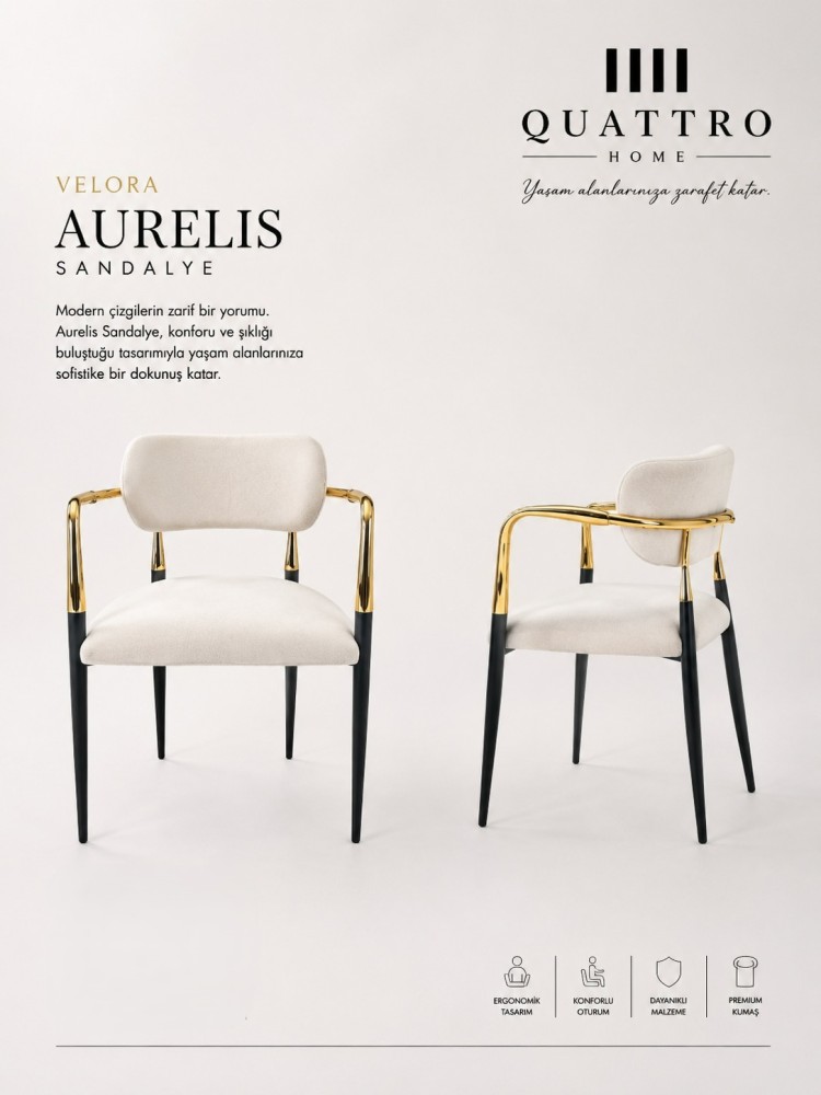 Quattro Home Velora Aurelis Krem Döşemeli Siyah Gold Metal Kollu Sandalye
