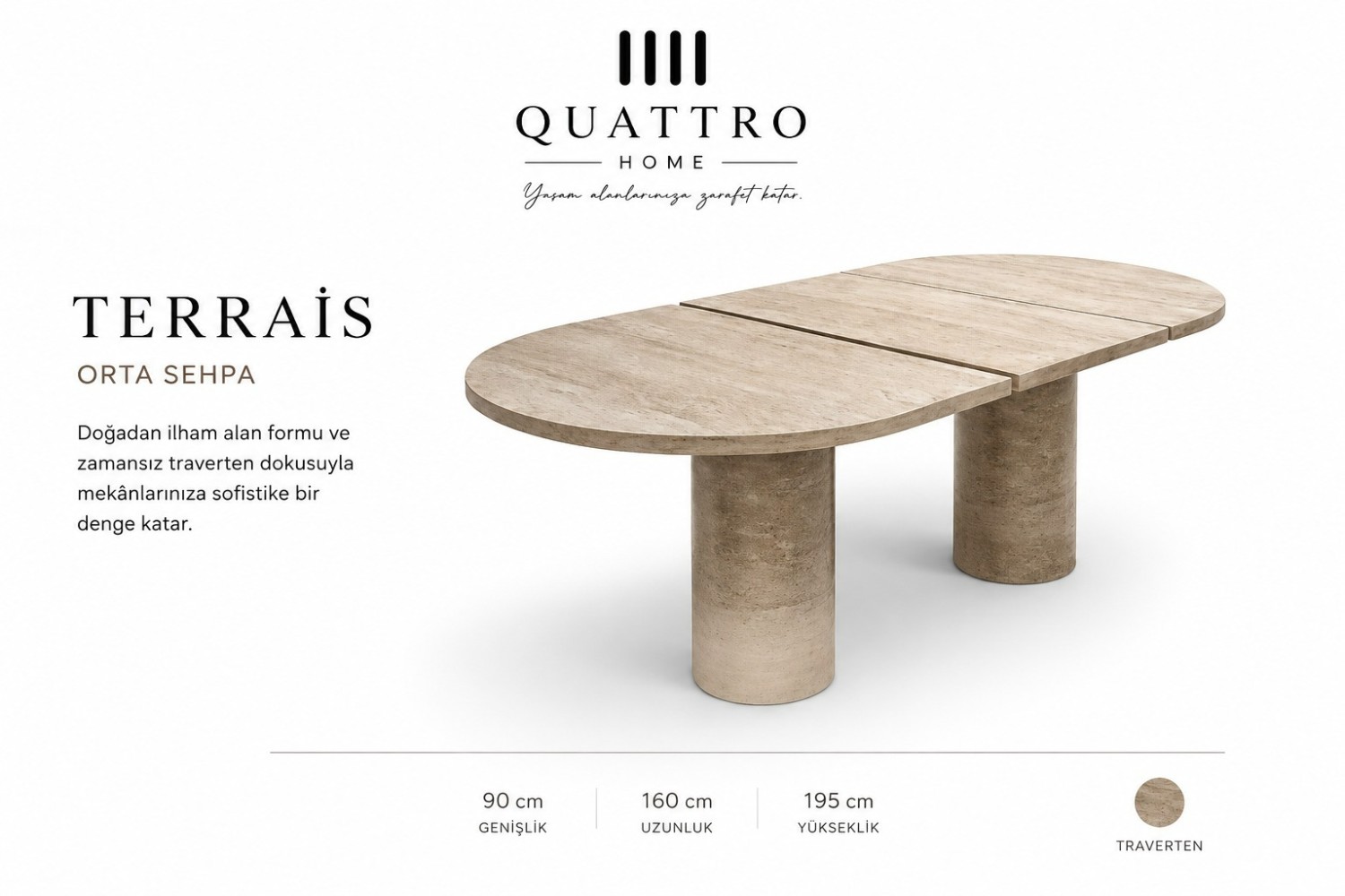Quattro Home Terraris Traverten Görünümlü Oval Orta Sehpa – Çift Silindir Ayaklı
