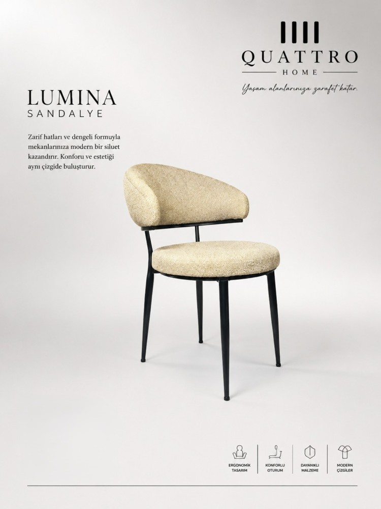 Lumina Krem Bouclé Döşemeli Siyah Metal Ayaklı Sandalye