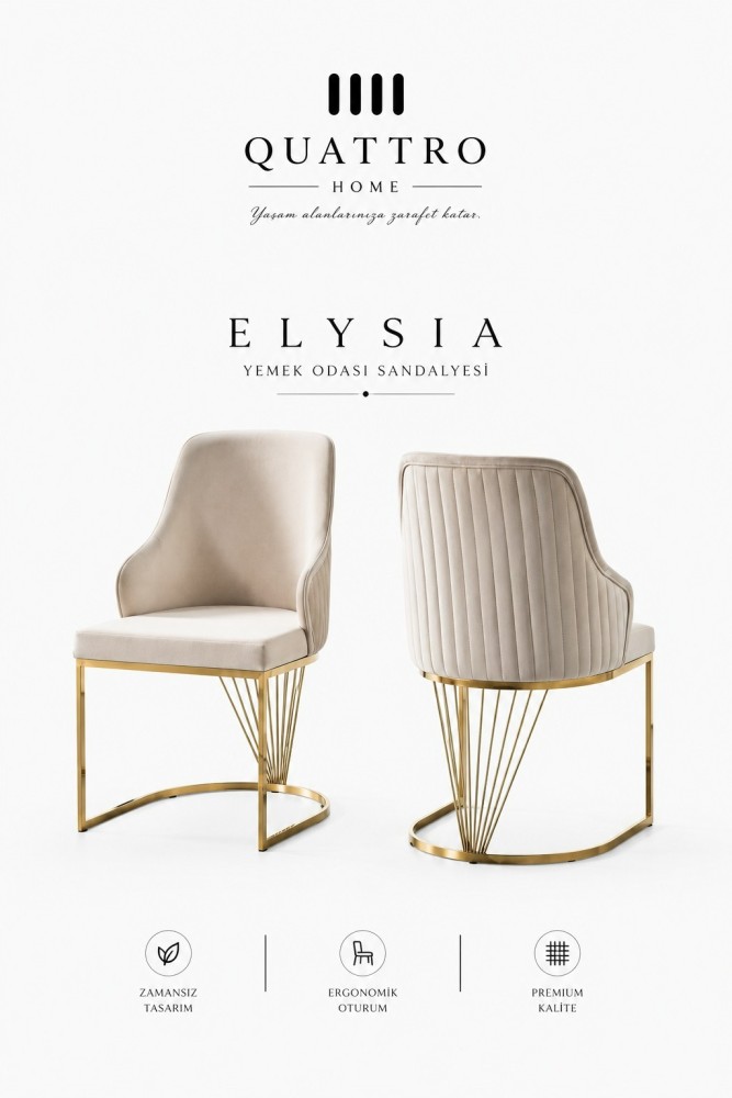 Elysia Krem Döşemeli Gold Metal Ayaklı Yemek Odası Sandalyesi