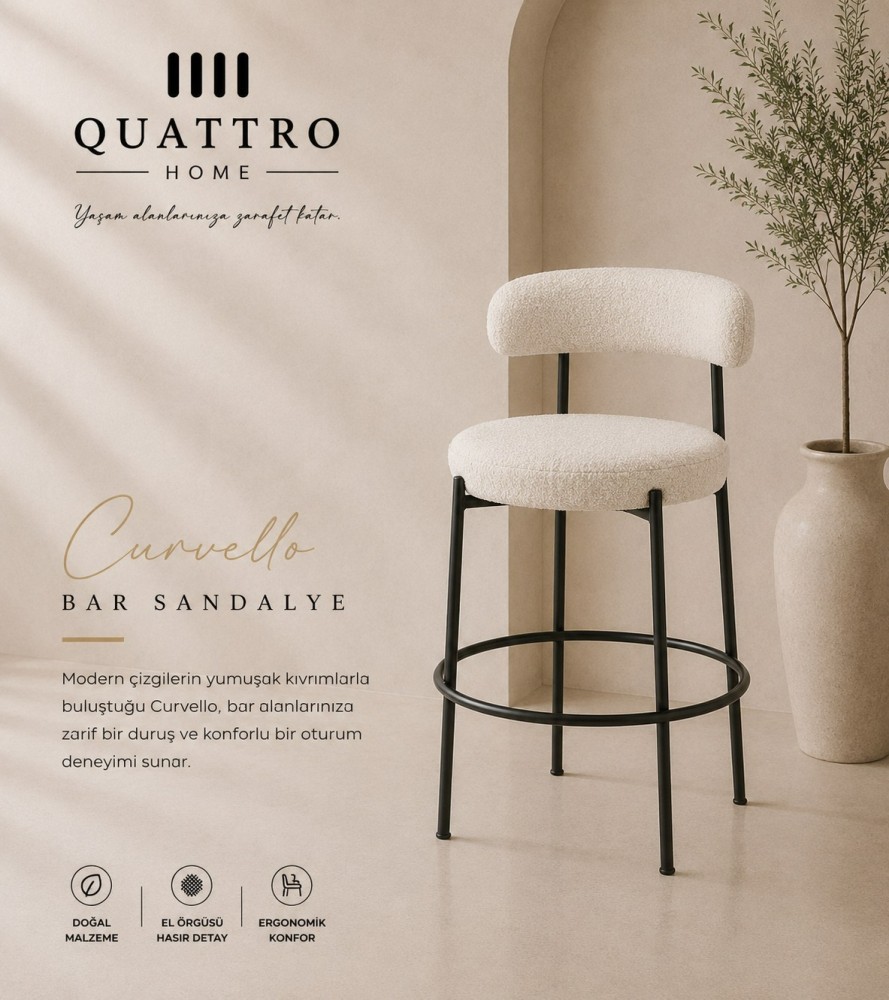 Curvello Krem Bouclé Döşemeli Siyah Metal Bar Sandalyesi