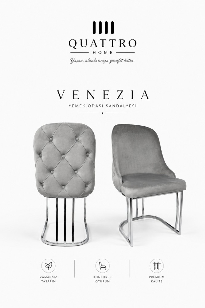 Venezia Kapitoneli Krom Metal Ayaklı Yemek Odası Sandalyesi
