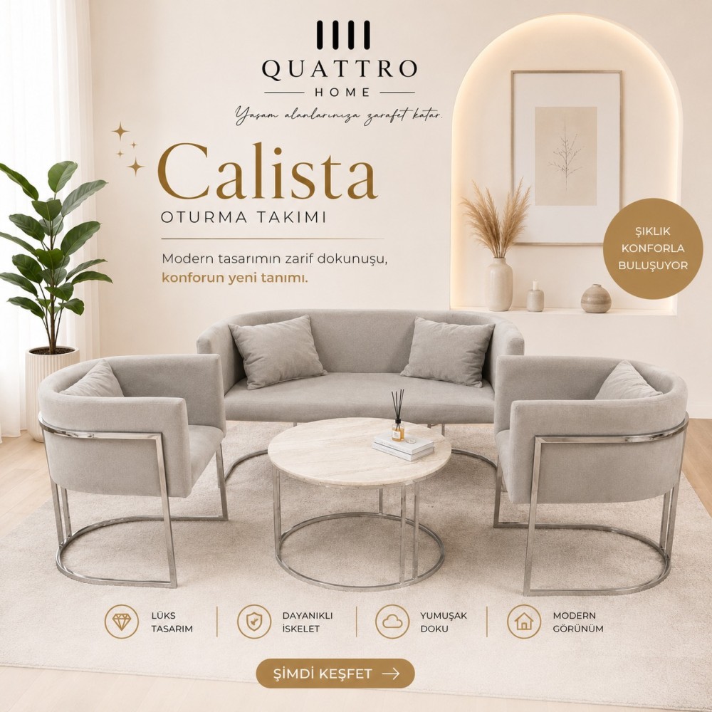 Calista Oturma Takımı Krem Modern Tasarım 2+1+1