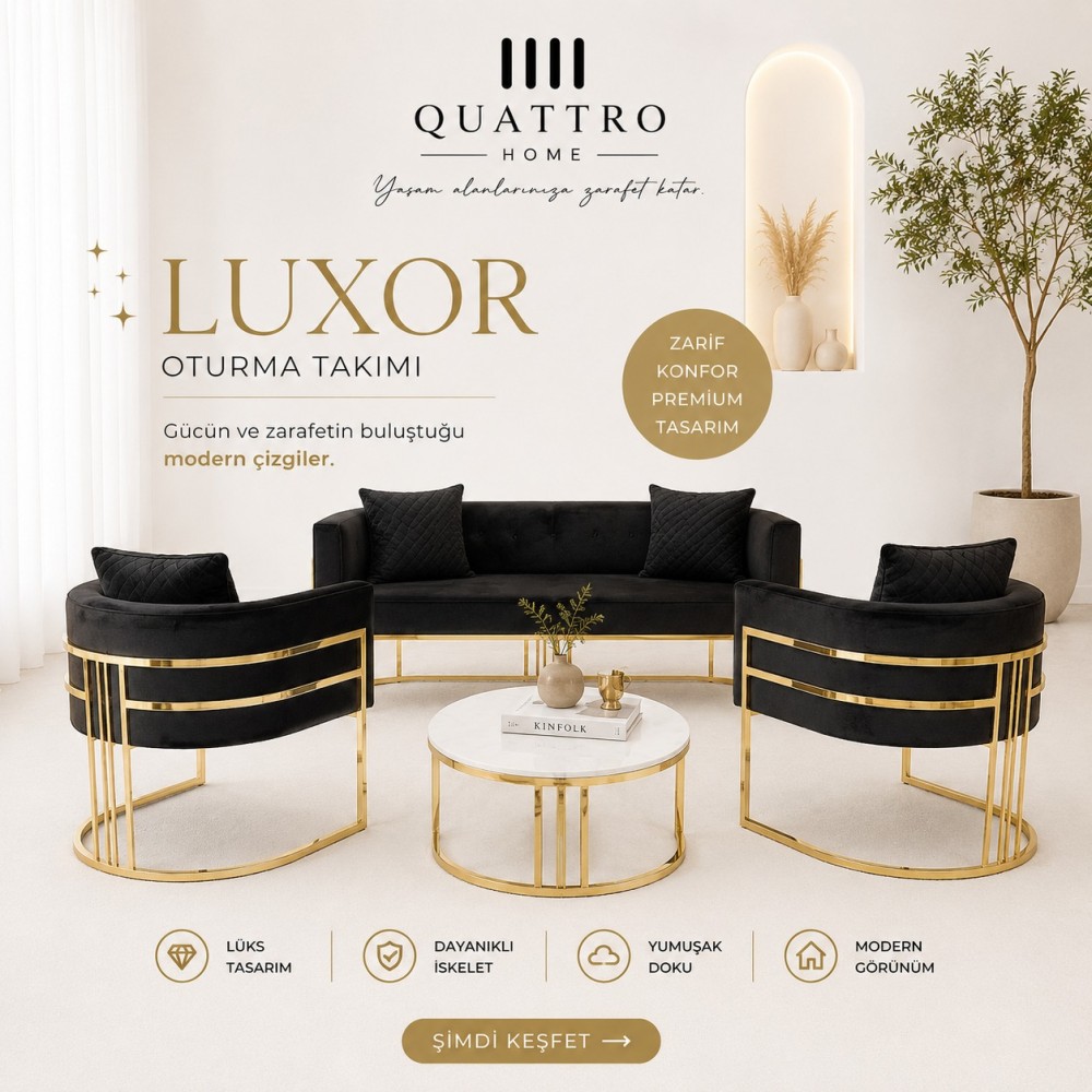 Luxor Oturma Takımı Siyah Gold Premium Tasarım 2+1+1