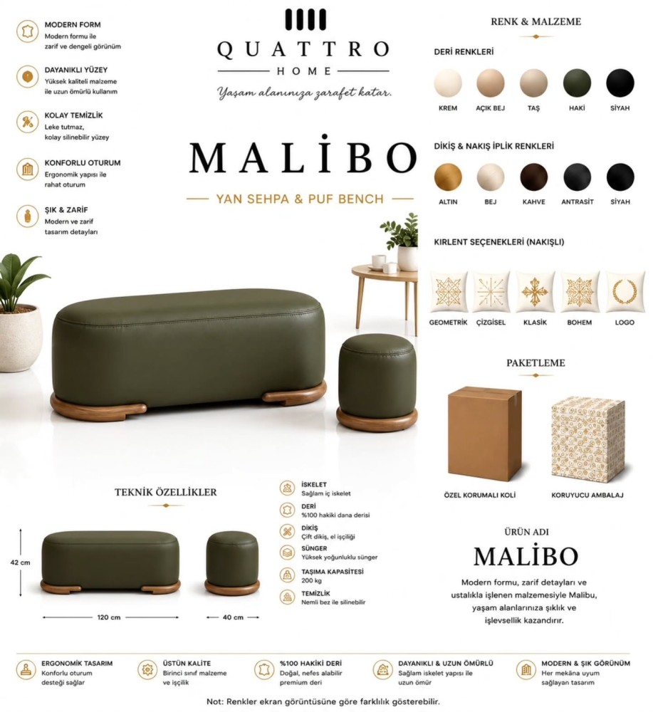 Malibo Yan Sehpa ve Puf Bench – Hakiki Deri, Ahşap Kaideli 120 cm