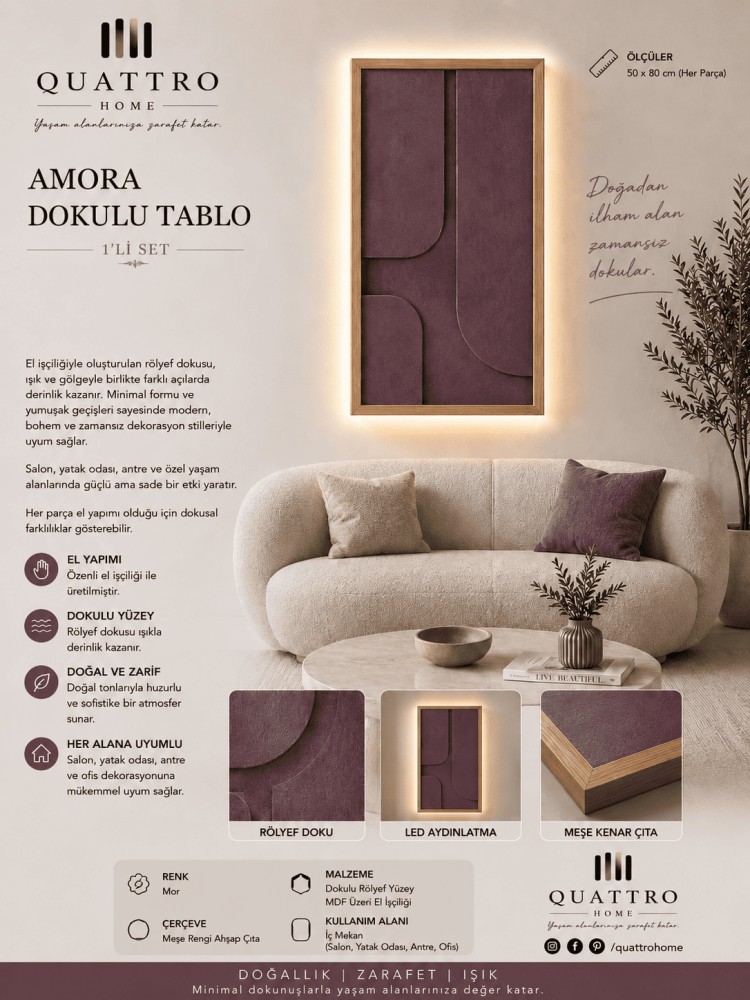Amora LED Aydınlatmalı Mor Dokulu Rölyef Duvar Tablosu