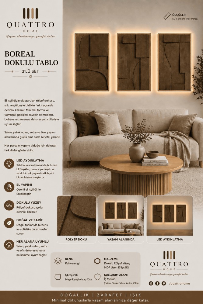 Boreal 3'lü LED Aydınlatmalı Dokulu Rölyef Duvar Tablosu Seti