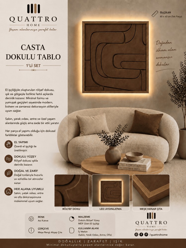 Casta LED Aydınlatmalı Acı Kahve Dokulu Rölyef Duvar Tablosu
