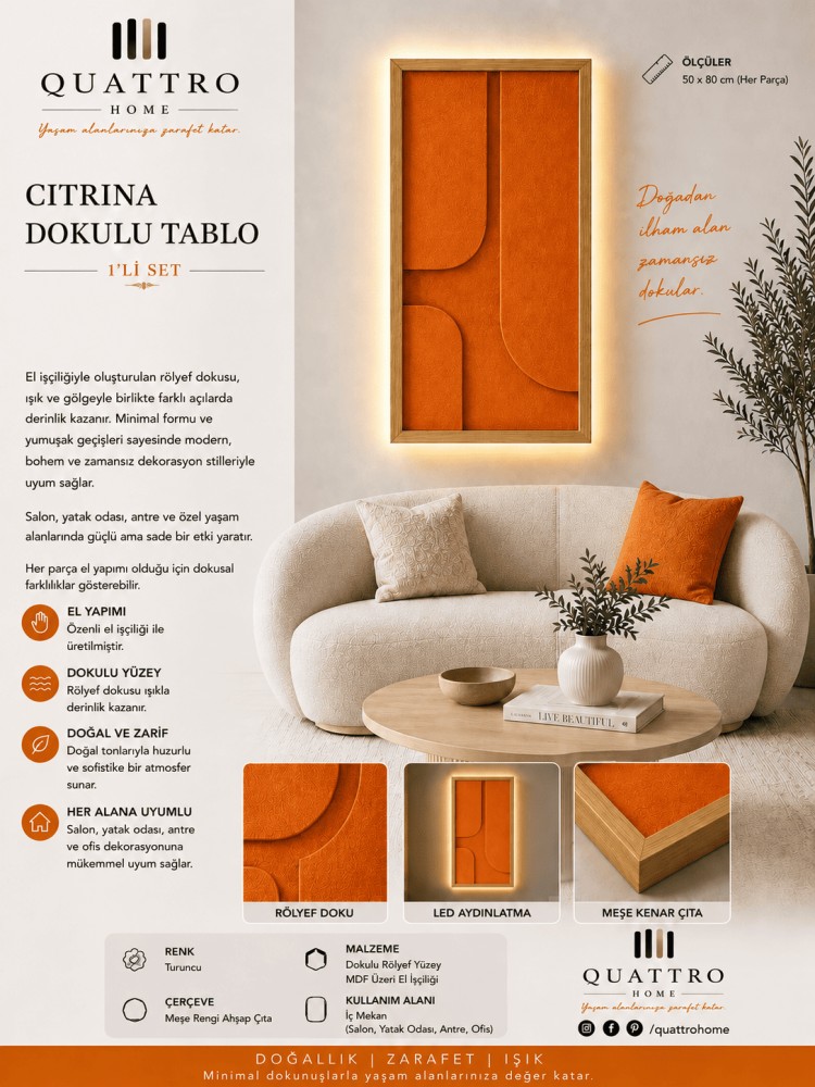 Citrina LED Aydınlatmalı Turuncu Dokulu Rölyef Duvar Tablosu