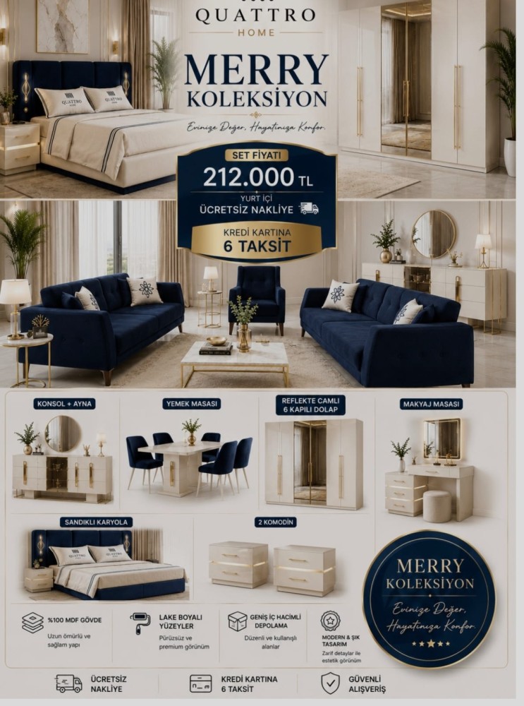 Quattro Home Merry Yatak Odası Takımı | Lake Boyalı 6 Kapılı Gardırop, Sandıklı Baza, Konsol, Yemek Masası ve Oturma Grubu Koleksiyonu