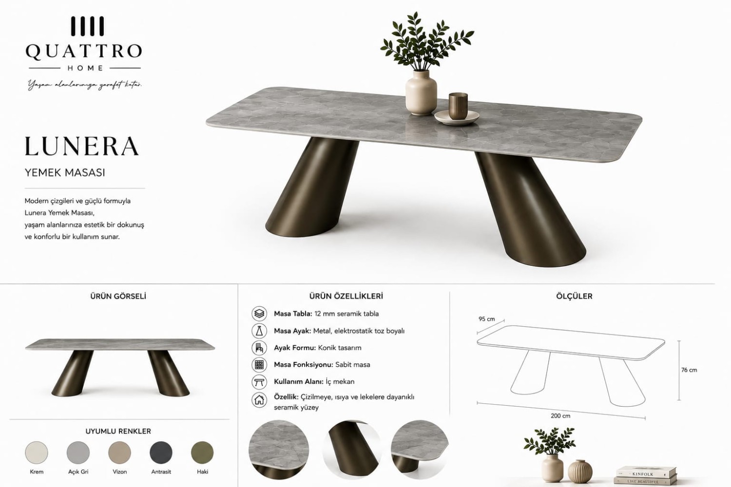 Lunera 200×95 cm Gri Mermer Desenli Seramik Tablalı Konik Metal Ayaklı 6–8 Kişilik Yemek Masası