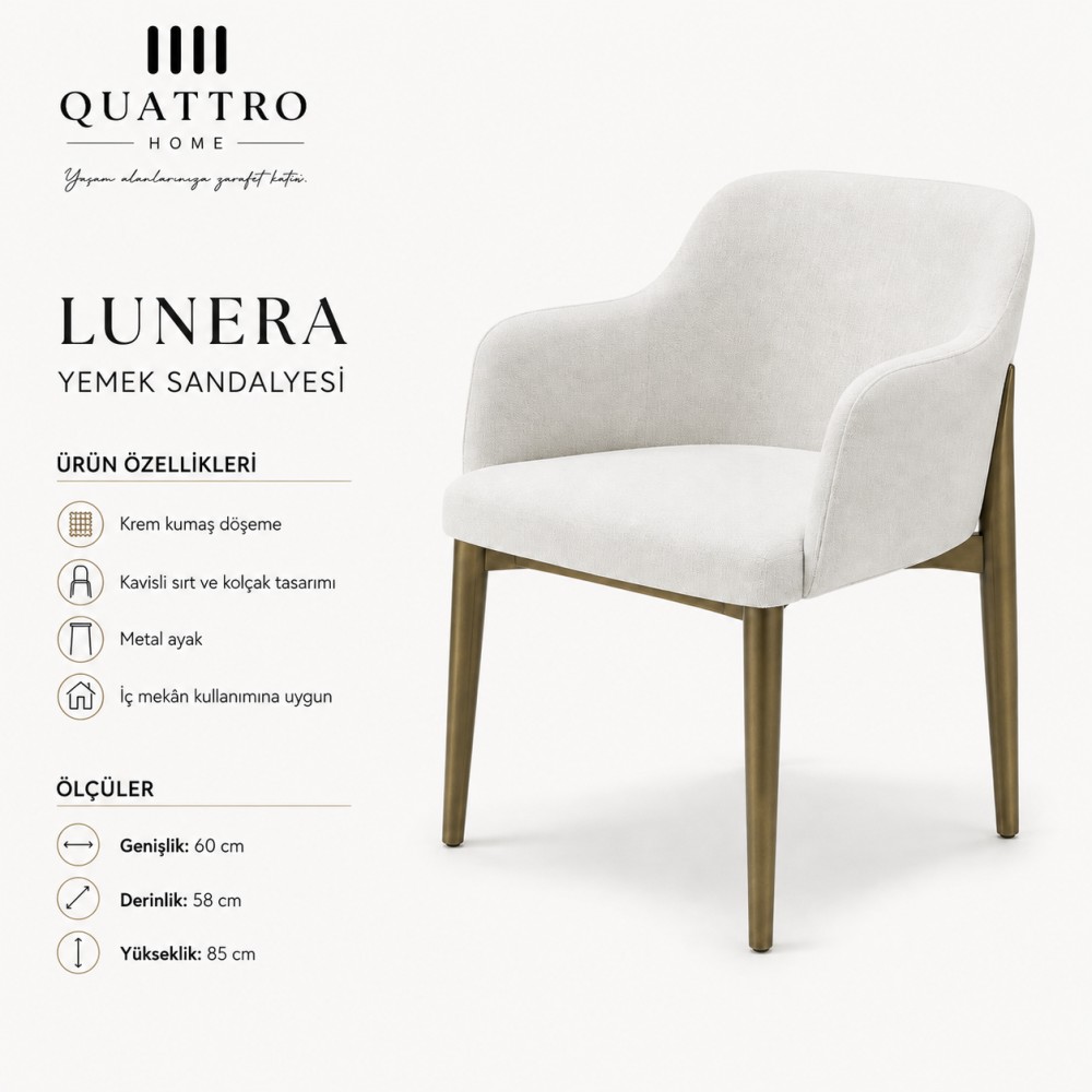 Lunera 200×95 cm Seramik Yemek Masası ve Krem Kumaş Döşemeli Bronz Metal Ayaklı Sandalye Takımı görsel 2