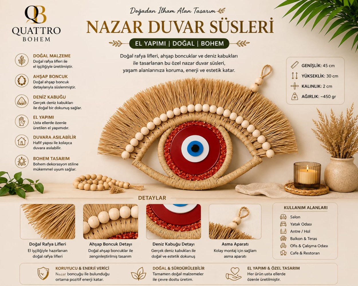 Bohem El Yapımı Kırmızı Koruyucu Nazar Gözü Duvar Süsü