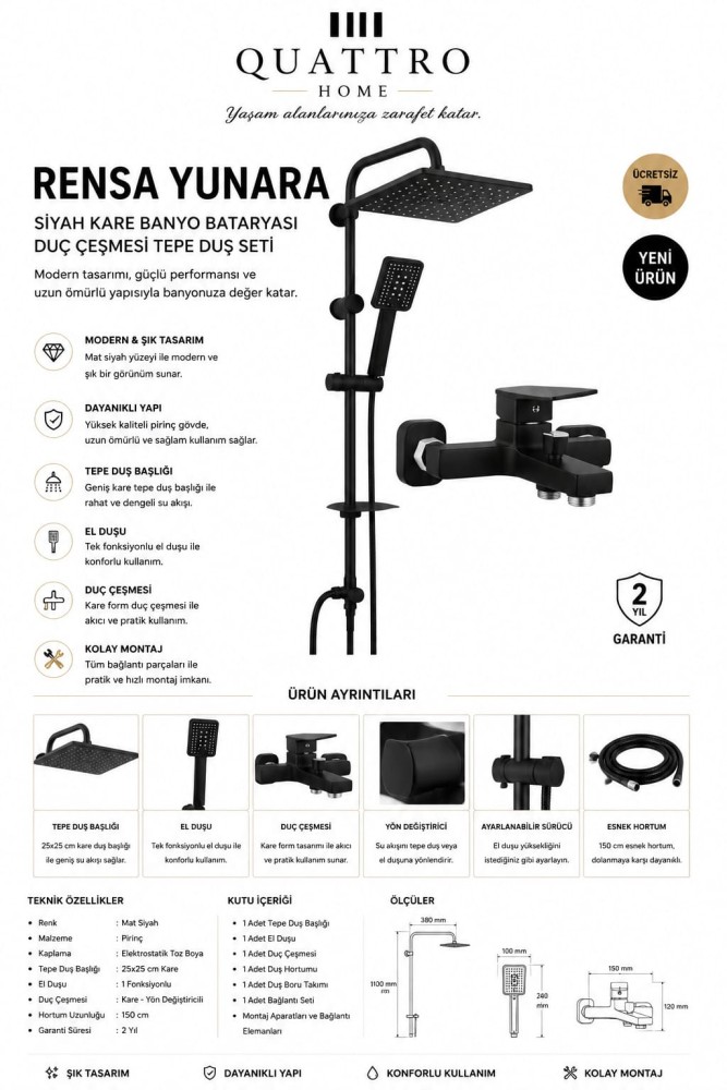 Rense Yunara Banyo Tepe Duş Seti